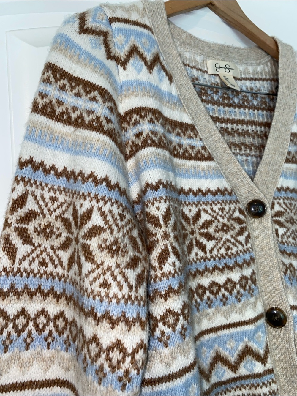 Jessica Simpson Beige, Brown and Light Blue Button Cropped Cardigan size Large - Picture 5 of 8